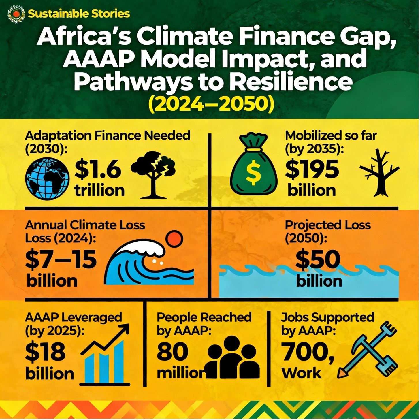 Africa's Climate Finance Infographic with new title — Sustainable Stories Africa style.