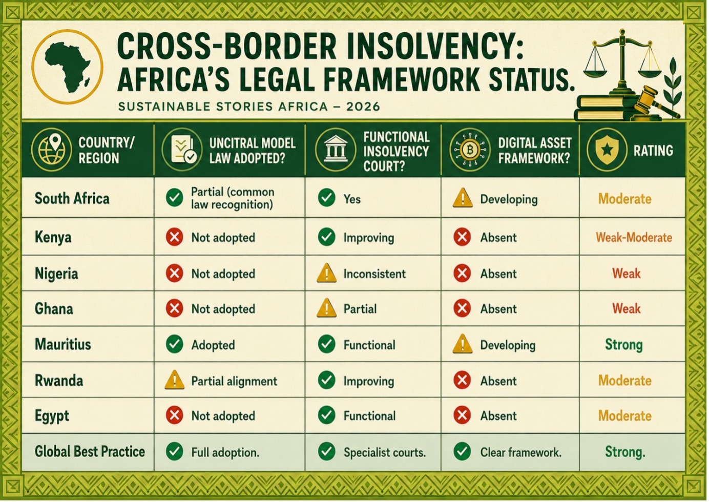 Reading the Gap: Mauritius stands as Africa's most Model Law-aligned jurisdiction. The majority of African economies operate with insolvency frameworks that are reactive, jurisdiction-fragmented and entirely unprepared for digital asset scenarios — a rapidly growing exposure as crypto and fintech assets become mainstream on the continent.