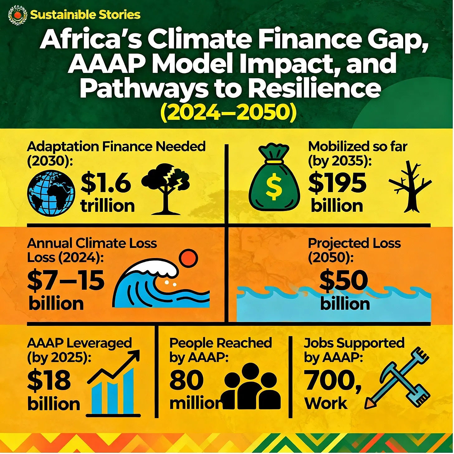 Africa's Climate Finance Infographic with new title — Sustainable Stories Africa style.