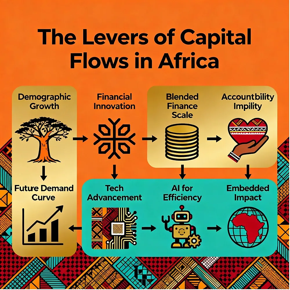 Infographic depicting main drivers of sustainable investment in Africa with bright, modern visuals